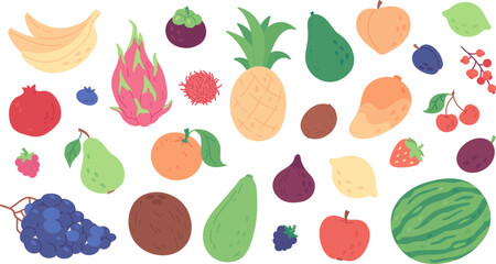 Cute tropical fruit and berry doodles, avocado and citrus lemon. Hand drawn exotic fruits, banana, pineapple and strawberry, summer fresh organic ingredients, vitamin rich food stickers vector set