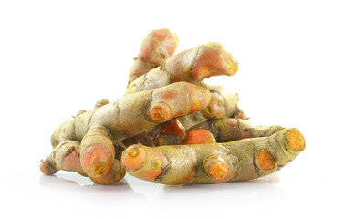 Cutting of turmeric roots isolated on white background