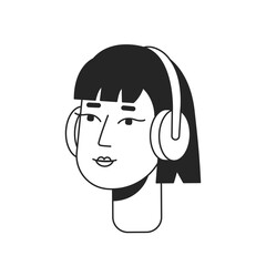 Headphones girl monochrome flat linear character head. Young asian woman wearing headset. Editable outline hand drawn human face icon. 2D cartoon spot vector avatar illustration for animation