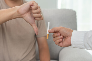 No smoking. Man stop smoke, refuse, reject, break take cigarette, say no. quit smoking for health. world tobacco day. drugs, Lung Cancer, emphysema , Pulmonary disease, narcotic, nicotine effect