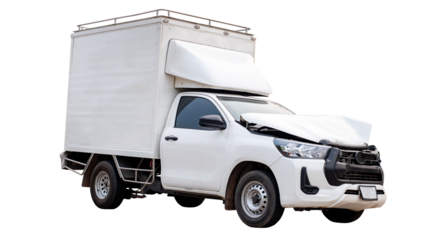 Full body side view of white delivery  car get damaged by accident on the road. damaged cars after collision. Isolated on transparent background , PNG File