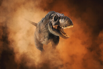 Tyrannosaurus T-rex ,dinosaur on smoke background - obrazy, fototapety, plakaty