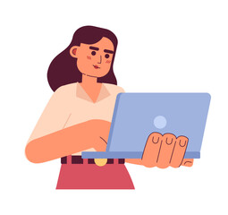 Fototapeta na wymiar Young adult woman with laptop smiling semi flat colorful vector character. Female secretary working online. Editable half body person on white. Simple cartoon spot illustration for web graphic design