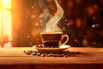 Obraz premium Coffee cup steaming on wooden table near roasted coffee beans. Generative Ai.