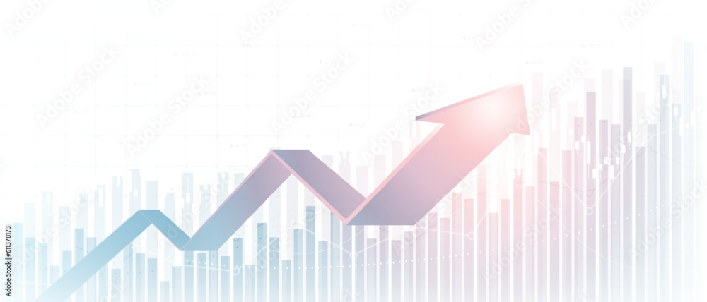 Wall mural financial chart with moving up arrow graph and glowing light on white color background