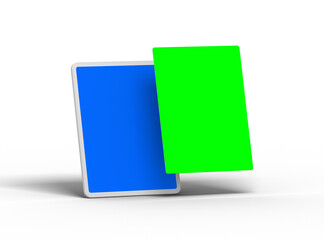 Customizable mockup of a white unbranded tablet with popped-up changeable screens on transparent background. 3D Render