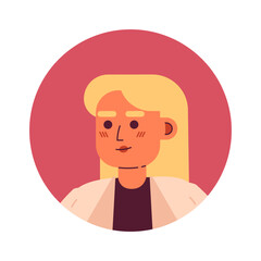 Blonde woman employee semi flat vector character head. Confident female office worker. Editable cartoon avatar icon. Face emotion. Colorful spot illustration for web graphic design, animation
