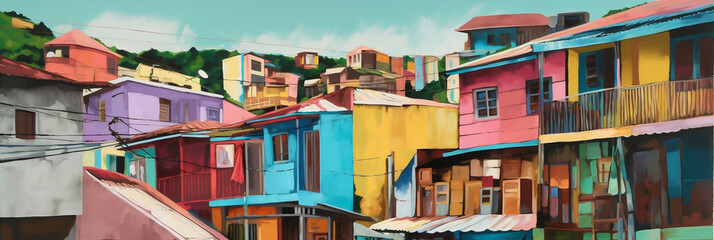 Fototapeta na wymiar Colorful art of a Caribbean urban landscape, banner, generative AI