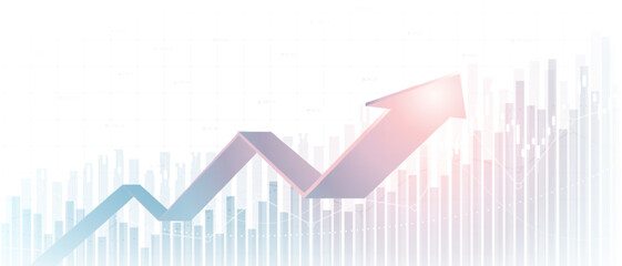 financial chart with moving up arrow graph and glowing light on white color background