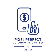 Food and Drink delivery app linear desktop icon. Customer service. Online ordering. Pixel perfect 128x128, outline 4px. GUI, UX design. Isolated user interface element for website. Editable stroke