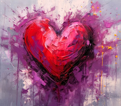 Painted red heart valentine s day greeting card, in the style of oil paintings, loose, gestural marks, in the style of shaped canvas, red, pink & purple colors.  Generative Ai.