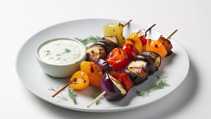 A plate of grilled vegetable skewers with tzatziki sauce on White Background with copy space for your text created with generative AI technology