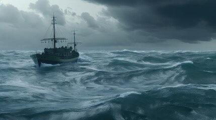 Obraz premium Ship in the stormy sea with huge waves. Giant stormy waves in the ocean and boat. Generated AI.