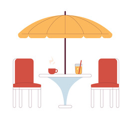 Modern street cafe table and umbrella semi flat colour vector object. Backyard patio furniture. Editable cartoon clip art icon on white background. Simple spot illustration for web graphic design