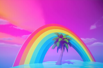Fototapeta na wymiar Palm trees and rainbow 80s landscape in vaporwave style. Retrowave vacation background with tropical sunset and palms. Generated AI.