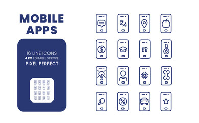 Mobile apps linear desktop icons set. Smartphone software. Market analytics. Online tools. Pixel perfect, outline 4px. Isolated user interface elements pack for website. Editable stroke