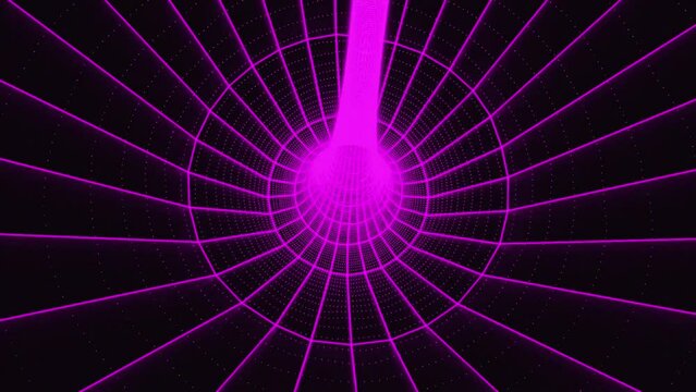 wireframe seamless tunnel. into a wireframe polygon-designed tube. Cyberspace low poly wire grid example. Arcade-style retro gaming in a vintage-style tunnel. 80s sci-fi backdrop