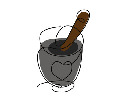 recommend clip art: Single continuous line drawing mortar and pestle vintage line drawing. 