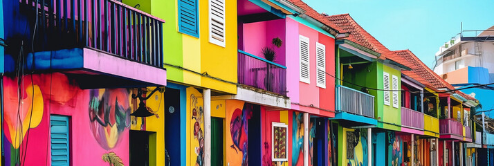 Colorful art of a Caribbean urban landscape, banner, generative AI