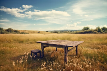 Wooden table in an open field in the outdoor grassy landscape. Generative Ai.