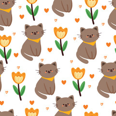 Fototapeta premium seamless pattern cartoon cat and flower. cute animal wallpaper for textile, gift wrap paper