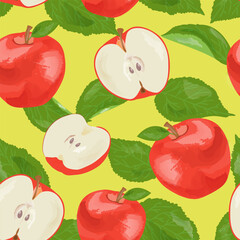 Vector summer watercolor print with apples and leaves. Seamless texture pattern.