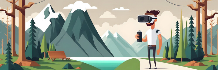 Man with VR headset traveling and experiencing virtual reality. AI generated
