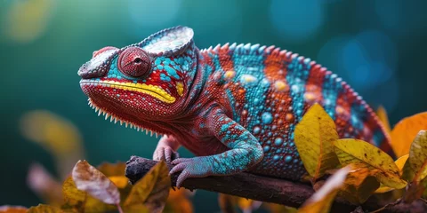 Foto op Canvas A chameleon shifting its colors, representing adaptability and change, concept of Camouflage, created with Generative AI technology © koldunova