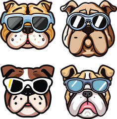 Naklejka premium Cartoon dog head set, bull dog with sun glasses