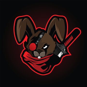 Gaming e sports logo of a rabbit with an eye patch carrying a sword on his back. A Ninja bunny with a dangerous look. for gamers around the world. 