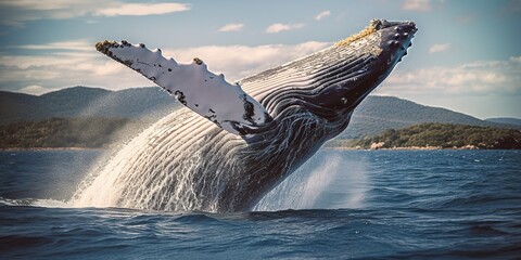 A humpback whale breaching the ocean surface, illustrating freedom and majesty, concept of Natural wonder, created with Generative AI technology - obrazy, fototapety, plakaty