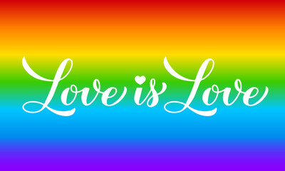 Love is love lettering on rainbow gradient background. LGBT pride flag. Rainbow LGBTQIA community banner. Vector template.