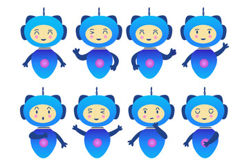 Set of small robots with different emotions, chat bots or artificial intelligence. Humanoid in cyberspace, app assistant. Colorful vector isolated illustration flat. Innovation and technology