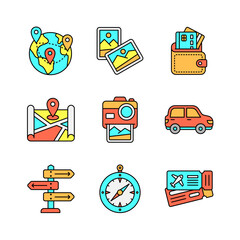 Tourism and Travel Icons Set in Colored Line Style
