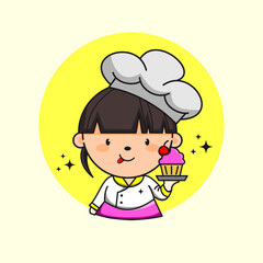 cute chef with cup cake illustration cartoon