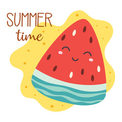 cartoon summer card with cute watermelon slice