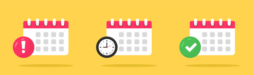 Calendar icon set. Calendar pages - agenda, time, watch, deadline, mark done, yes, success, approved, confirm. Notice of important schedule date. The concept of goal setting and workflow planning - obrazy, fototapety, plakaty