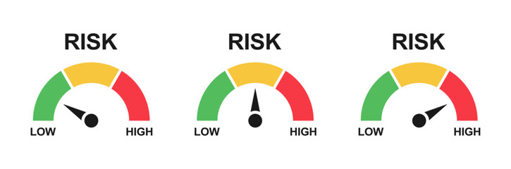 Risk meter icon set. Scale Low, Medium or High risk on speedometer. Risk concept on speedometer. Set of gauges from low to high. Minimum to Maximum. Vector illustration.