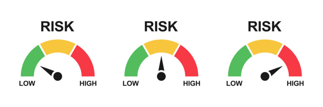 Risk meter icon set. Scale Low, Medium or High risk on speedometer. Risk concept on speedometer. Set of gauges from low to high. Minimum to Maximum. Vector illustration.