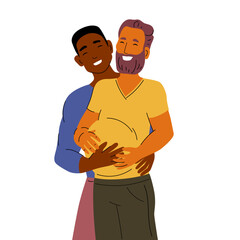 Pregnant transgender queer man. Two homosexual men. Interracial gay couple expecting a baby. Men of different races hugging. 
