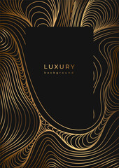 Luxury template with golden wavy linear pattern. Line art. Gold waves on black background. Geometric texture with shiny curves. Abstract striped texture 
