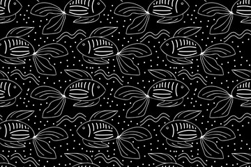 Fototapeta premium Contrast black and white colors. Doodle fishes. Trendy, stylish, fashionable, seamless vector pattern for design and decoration.