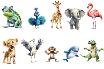 Safari Animal set chameleon,peacock, giraffe, elephant, flamingo, lion, stork, monkey, dolphin, crocodile in watercolor style. Generative AI