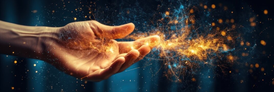 An open hand sticks out into the picture and golden sparks fly out of it, blue background, banner (Generative AI, Generativ, KI)