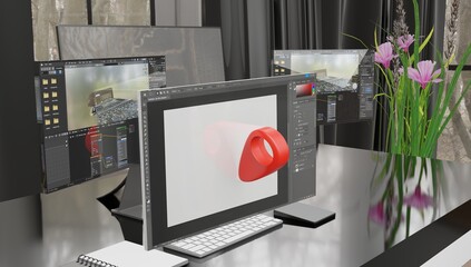 Unleashing Creative Potential: Computer with Dynamic Screen Display Featuring an Illustration of a Designer Crafting Artwork Using 3D Rendered Software Application.