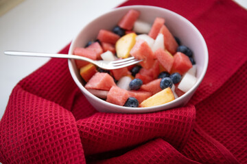 fruits, food, salad, slice, fruit salad, melon, watermelon, peaches, blueberries, bowl, pink, purple, yellow, red, napkin, selective focus, blueberry, peach, healthy, strawberry, dessert, diet, summer