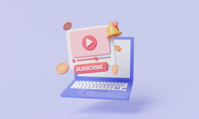 Web window video player on laptop. Social media, video channel, live online digital video streaming service. Subscribers, make money, video content, notification, blogging, 3d render illustration