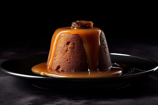 chesnut pudding on a plate, black background, illustration, generative ai