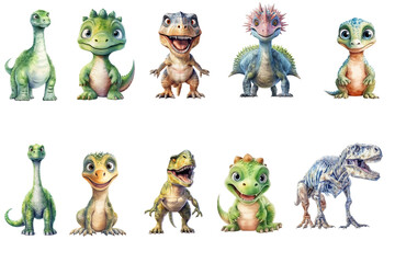 Safari Animal set dinosaur skeleton and dinosaurs of different sizes in watercolor style. Isolated . Generative AI © Zaleman