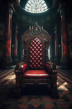Decorated empty throne hall. Red throne.